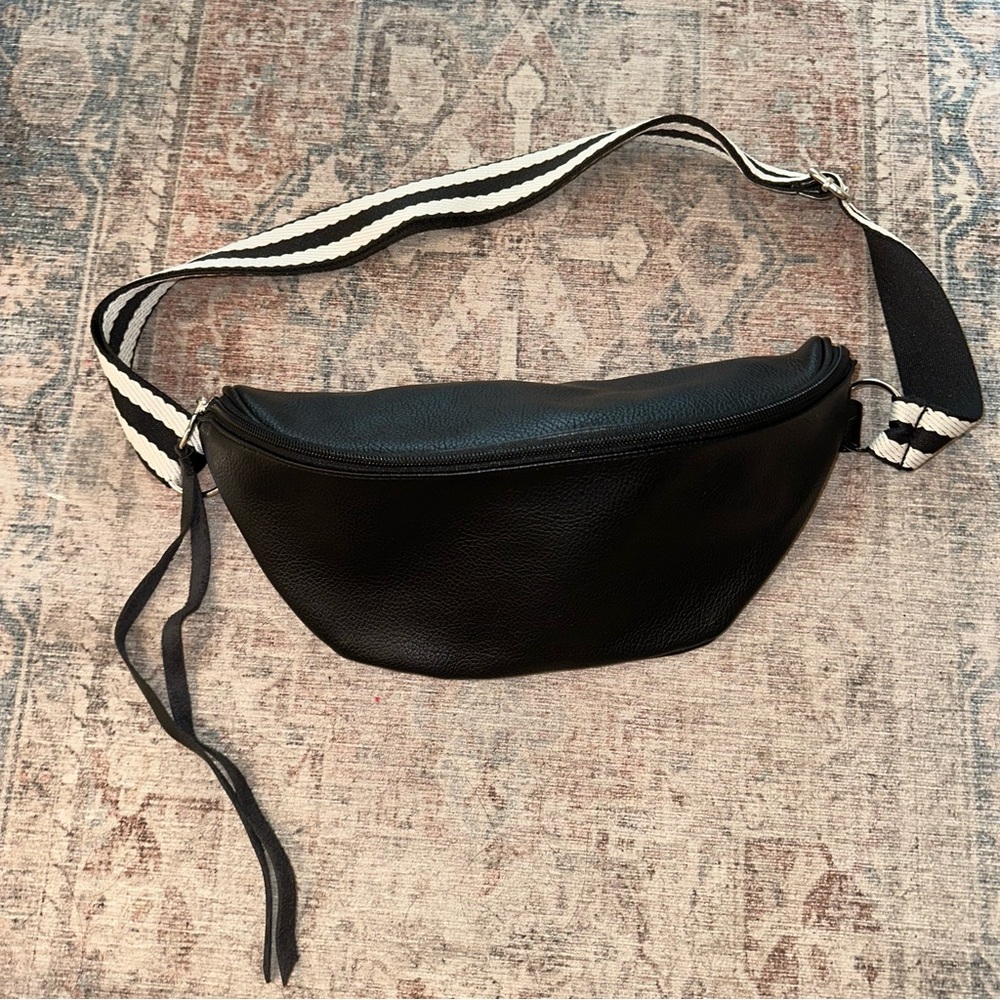 Black Leather Belt Bag with Striped Strap